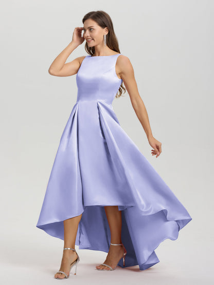 A-Line Sleeveless High Low Satin Bodice V-Back Bridesmaid Dress