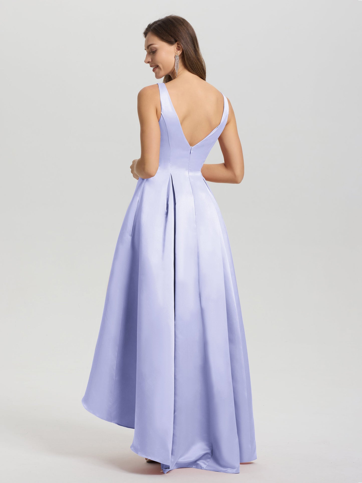 A-Line Sleeveless High Low Satin Bodice V-Back Bridesmaid Dress