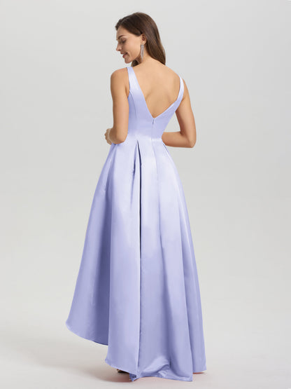 A-Line Sleeveless High Low Satin Bodice V-Back Bridesmaid Dress