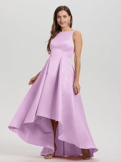 A-Line Sleeveless High Low Satin Bodice V-Back Bridesmaid Dress