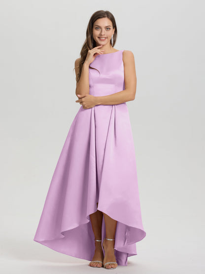 A-Line Sleeveless High Low Satin Bodice V-Back Bridesmaid Dress
