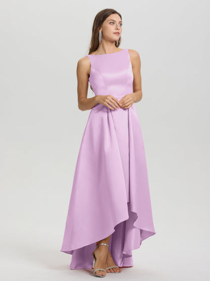 A-Line Sleeveless High Low Satin Bodice V-Back Bridesmaid Dress