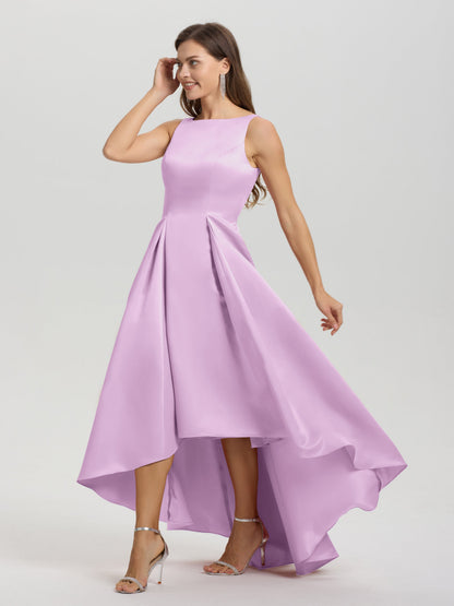 A-Line Sleeveless High Low Satin Bodice V-Back Bridesmaid Dress