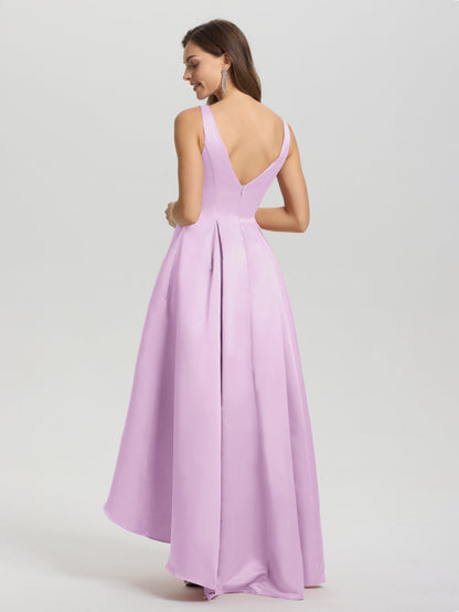 A-Line Sleeveless High Low Satin Bodice V-Back Bridesmaid Dress