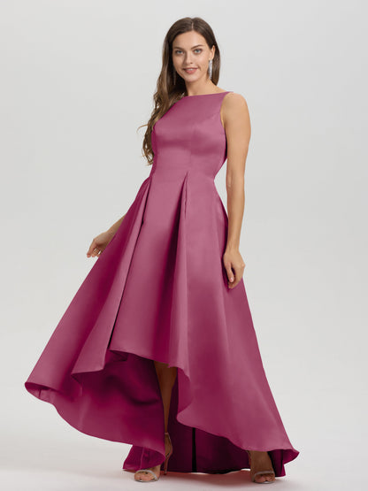 A-Line Sleeveless High Low Satin Bodice V-Back Bridesmaid Dress