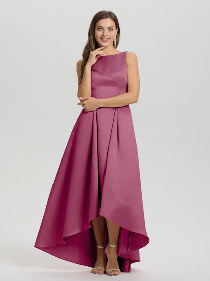 A-Line Sleeveless High Low Satin Bodice V-Back Bridesmaid Dress