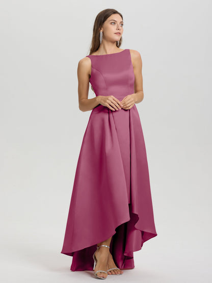 A-Line Sleeveless High Low Satin Bodice V-Back Bridesmaid Dress