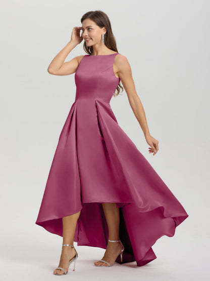 A-Line Sleeveless High Low Satin Bodice V-Back Bridesmaid Dress