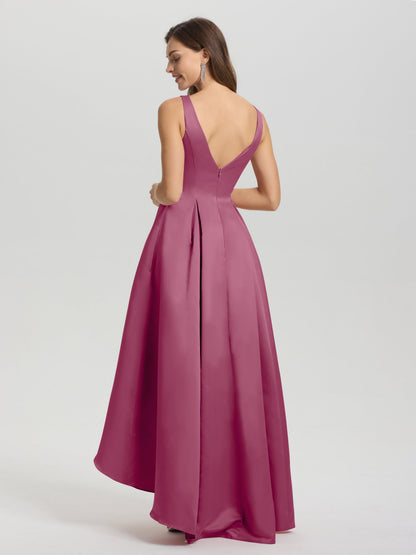A-Line Sleeveless High Low Satin Bodice V-Back Bridesmaid Dress