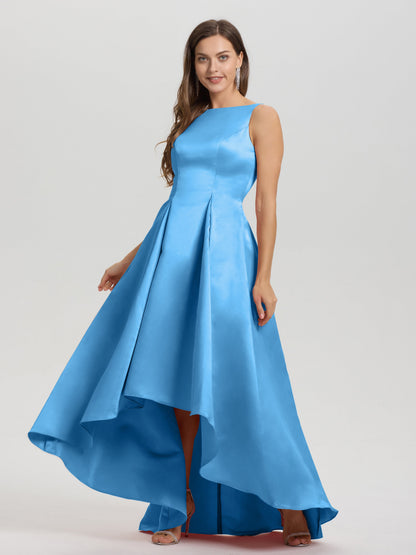 A-Line Sleeveless High Low Satin Bodice V-Back Bridesmaid Dress