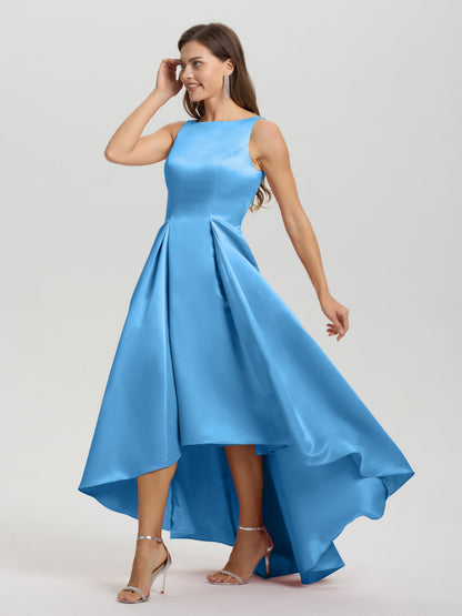 A-Line Sleeveless High Low Satin Bodice V-Back Bridesmaid Dress