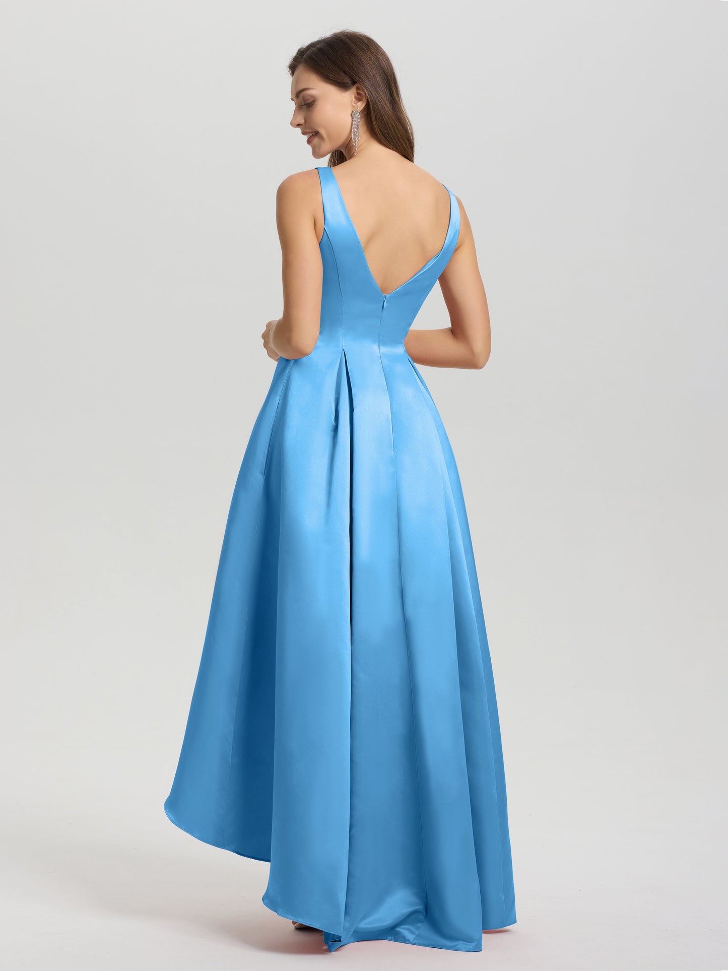 A-Line Sleeveless High Low Satin Bodice V-Back Bridesmaid Dress