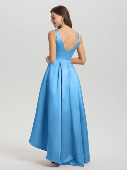 A-Line Sleeveless High Low Satin Bodice V-Back Bridesmaid Dress