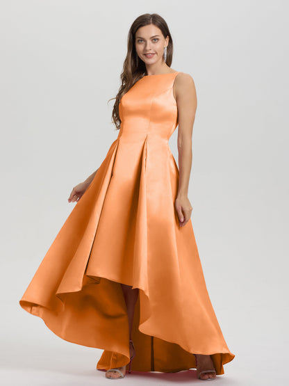 A-Line Sleeveless High Low Satin Bodice V-Back Bridesmaid Dress