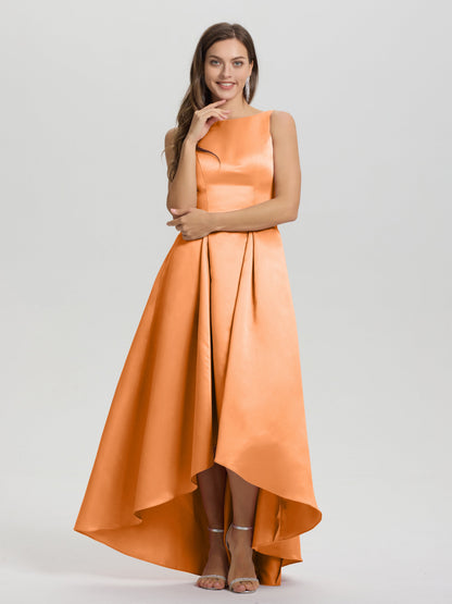 A-Line Sleeveless High Low Satin Bodice V-Back Bridesmaid Dress