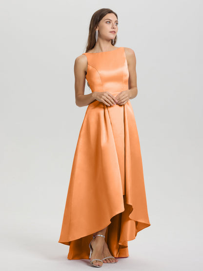 A-Line Sleeveless High Low Satin Bodice V-Back Bridesmaid Dress