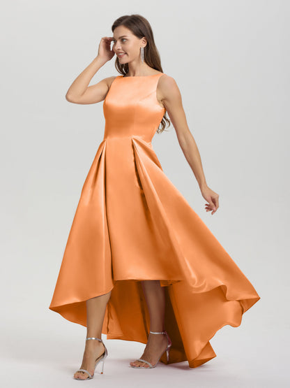 A-Line Sleeveless High Low Satin Bodice V-Back Bridesmaid Dress