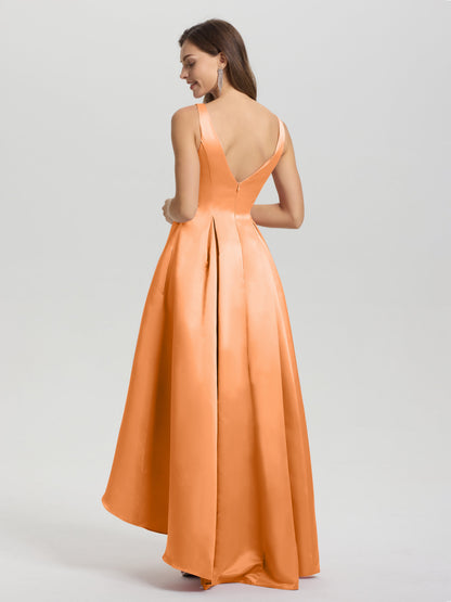 A-Line Sleeveless High Low Satin Bodice V-Back Bridesmaid Dress