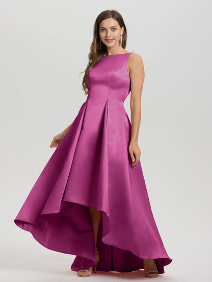 A-Line Sleeveless High Low Satin Bodice V-Back Bridesmaid Dress