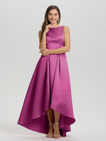 A-Line Sleeveless High Low Satin Bodice V-Back Bridesmaid Dress