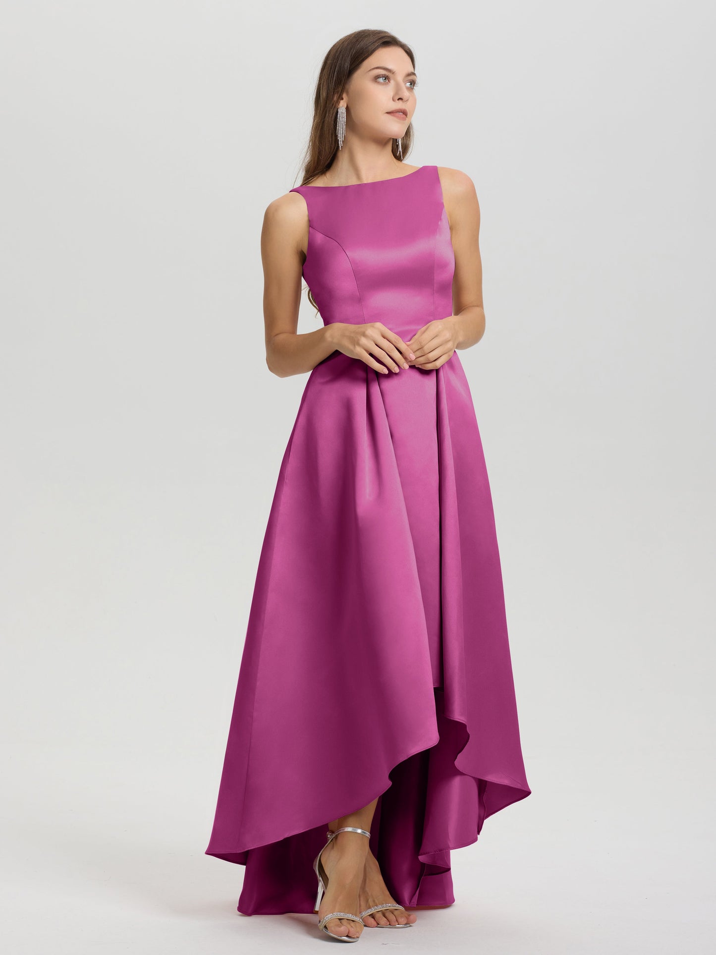 A-Line Sleeveless High Low Satin Bodice V-Back Bridesmaid Dress