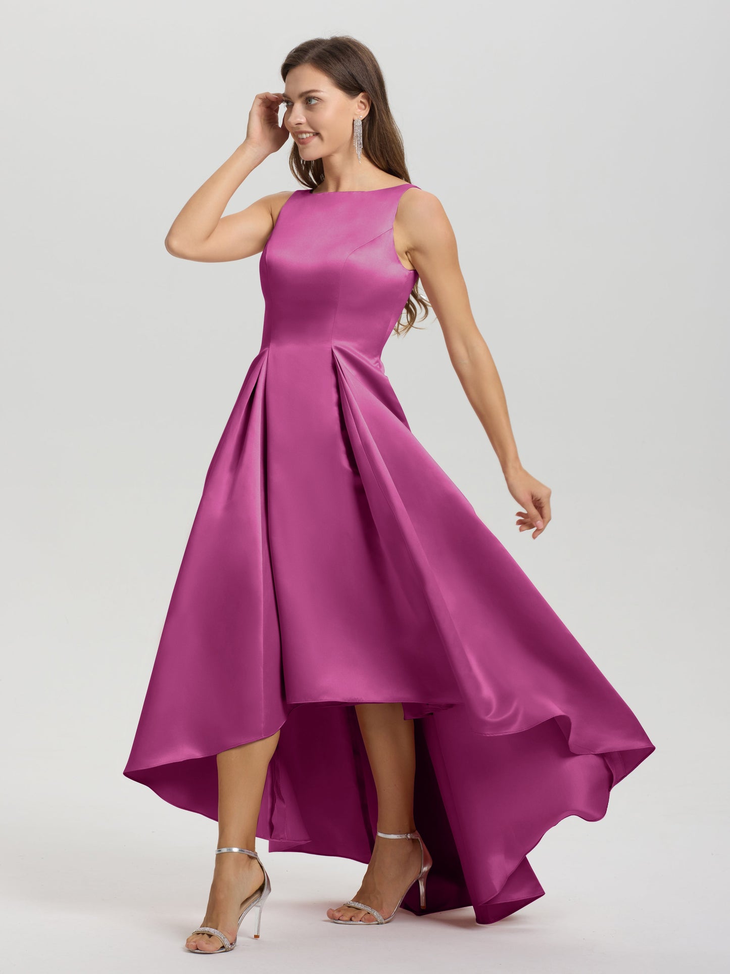 A-Line Sleeveless High Low Satin Bodice V-Back Bridesmaid Dress