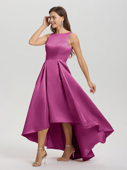 A-Line Sleeveless High Low Satin Bodice V-Back Bridesmaid Dress