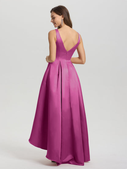 A-Line Sleeveless High Low Satin Bodice V-Back Bridesmaid Dress