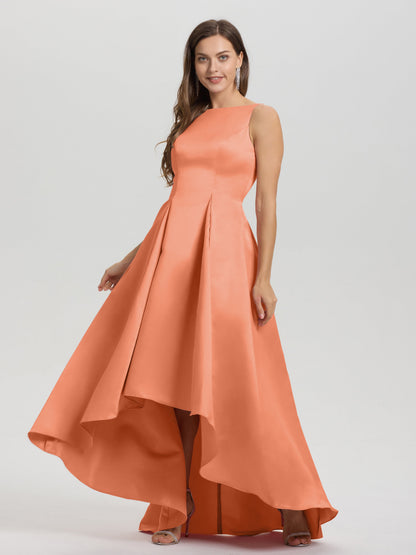 A-Line Sleeveless High Low Satin Bodice V-Back Bridesmaid Dress