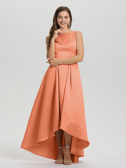 A-Line Sleeveless High Low Satin Bodice V-Back Bridesmaid Dress