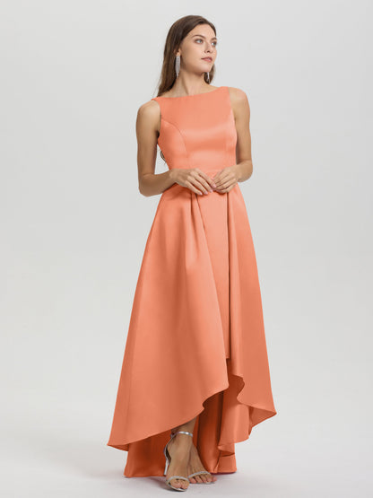 A-Line Sleeveless High Low Satin Bodice V-Back Bridesmaid Dress