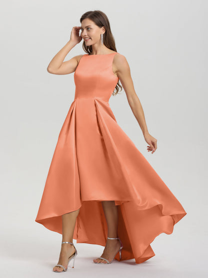 A-Line Sleeveless High Low Satin Bodice V-Back Bridesmaid Dress