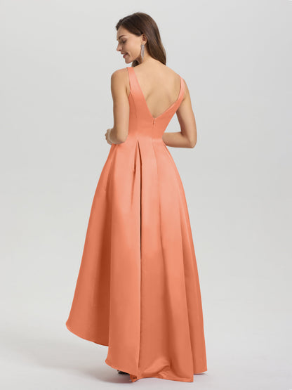 A-Line Sleeveless High Low Satin Bodice V-Back Bridesmaid Dress