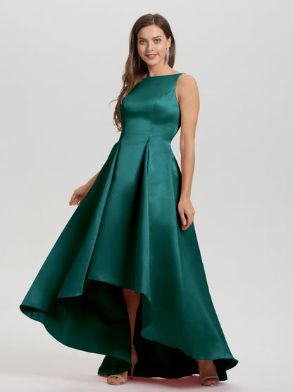 A-Line Sleeveless High Low Satin Bodice V-Back Bridesmaid Dress
