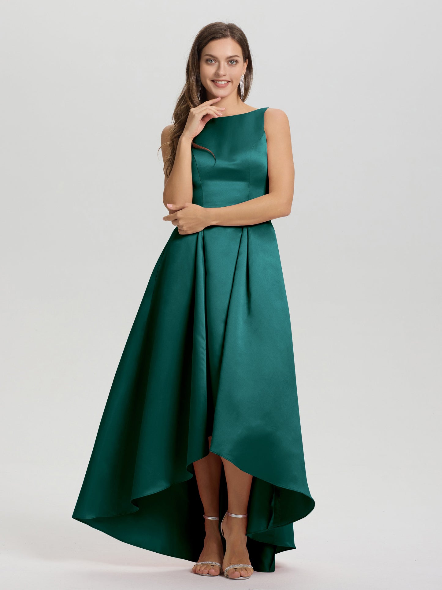 A-Line Sleeveless High Low Satin Bodice V-Back Bridesmaid Dress