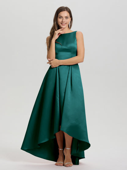 A-Line Sleeveless High Low Satin Bodice V-Back Bridesmaid Dress
