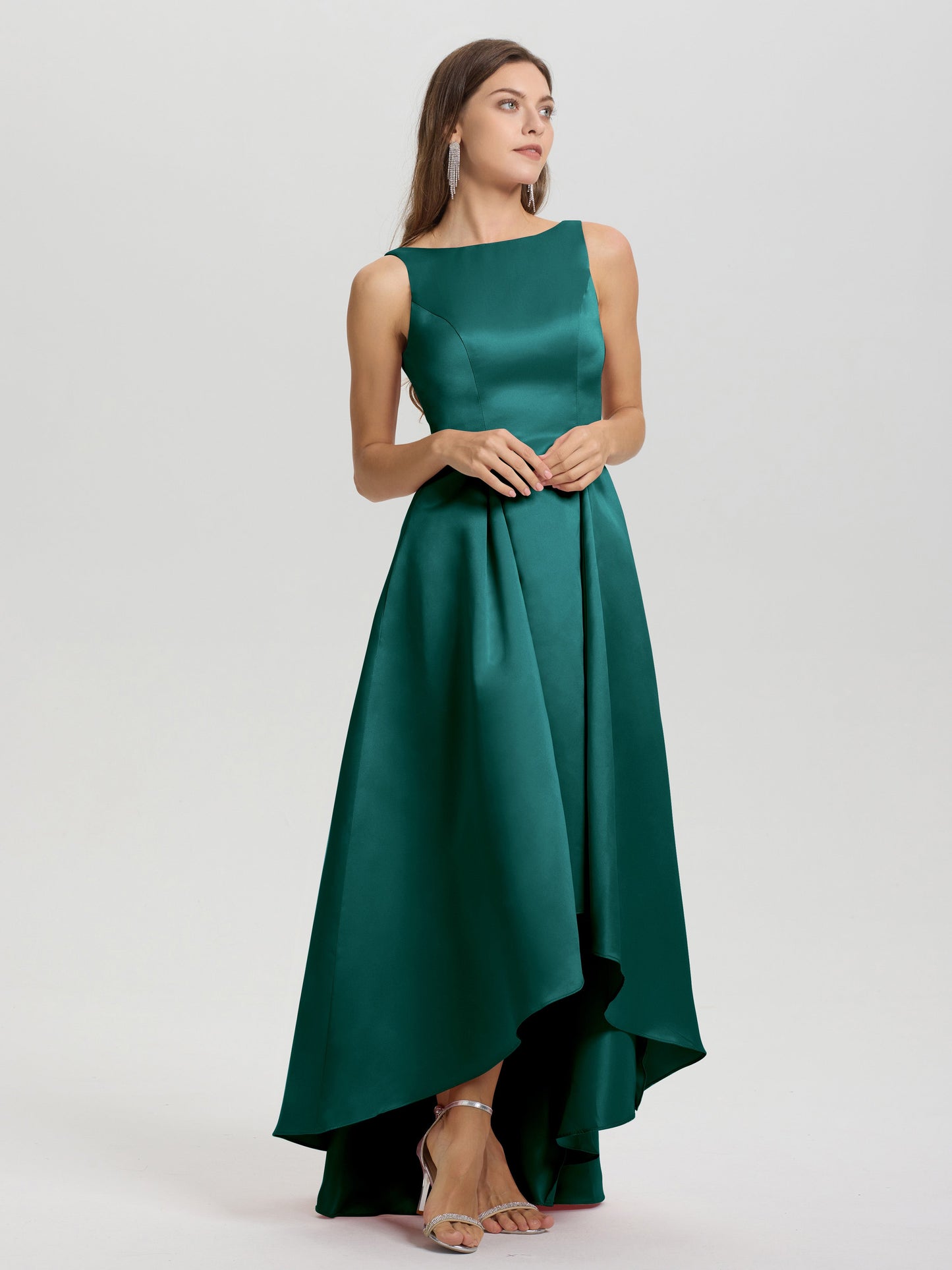 A-Line Sleeveless High Low Satin Bodice V-Back Bridesmaid Dress