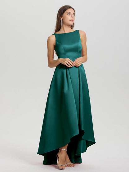 A-Line Sleeveless High Low Satin Bodice V-Back Bridesmaid Dress