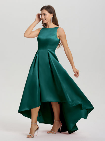 A-Line Sleeveless High Low Satin Bodice V-Back Bridesmaid Dress