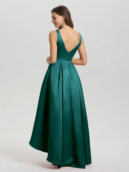 A-Line Sleeveless High Low Satin Bodice V-Back Bridesmaid Dress