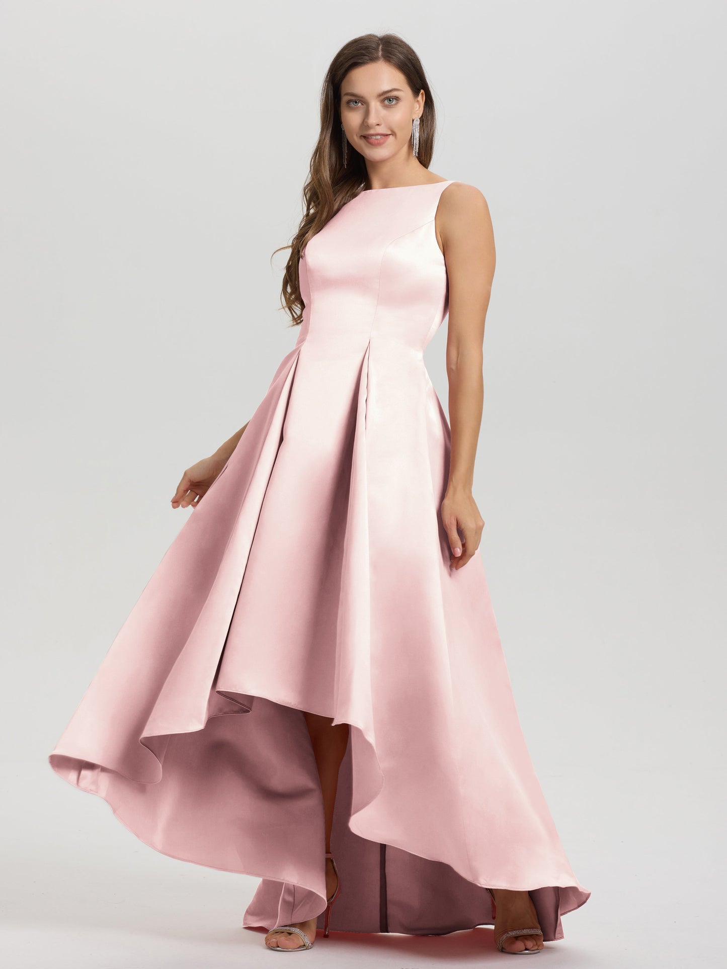 A-Line Sleeveless High Low Satin Bodice V-Back Bridesmaid Dress