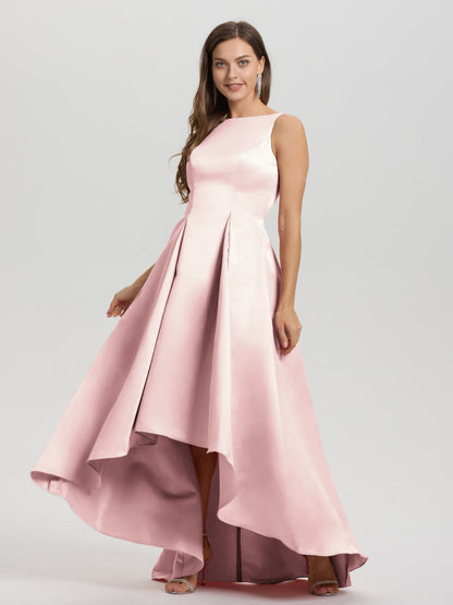 A-Line Sleeveless High Low Satin Bodice V-Back Bridesmaid Dress