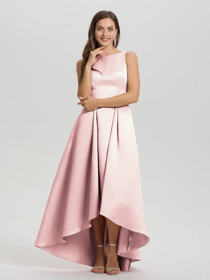 A-Line Sleeveless High Low Satin Bodice V-Back Bridesmaid Dress