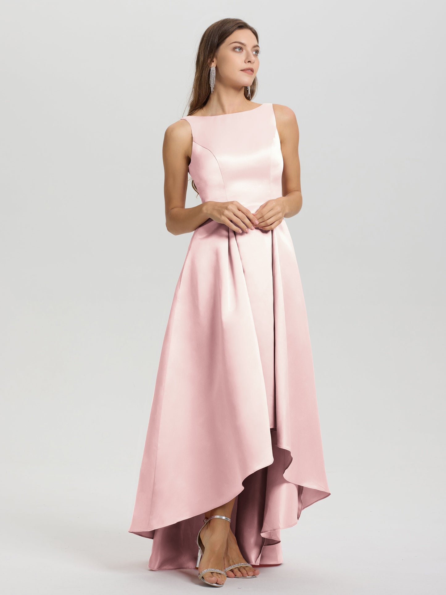A-Line Sleeveless High Low Satin Bodice V-Back Bridesmaid Dress