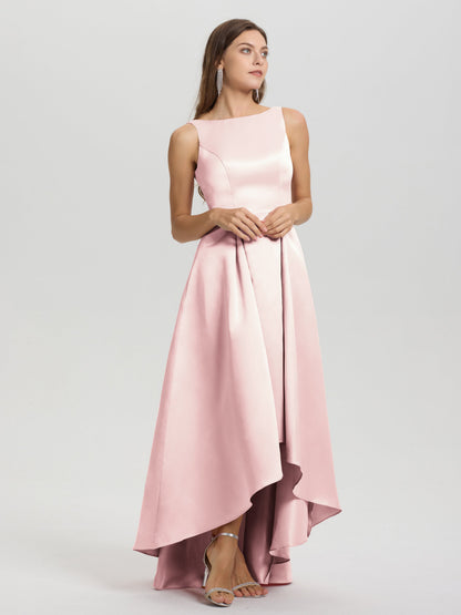 A-Line Sleeveless High Low Satin Bodice V-Back Bridesmaid Dress