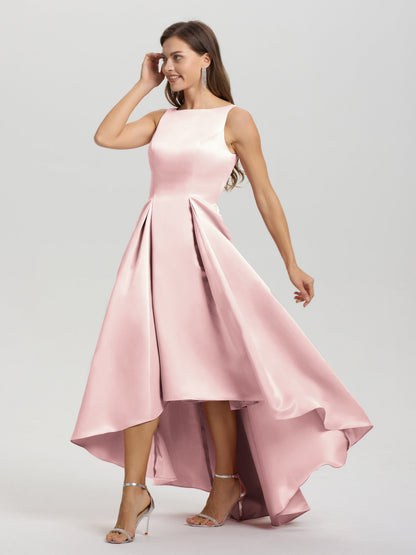 A-Line Sleeveless High Low Satin Bodice V-Back Bridesmaid Dress