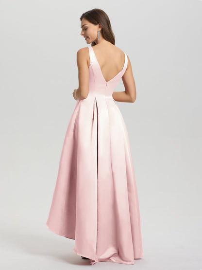 A-Line Sleeveless High Low Satin Bodice V-Back Bridesmaid Dress