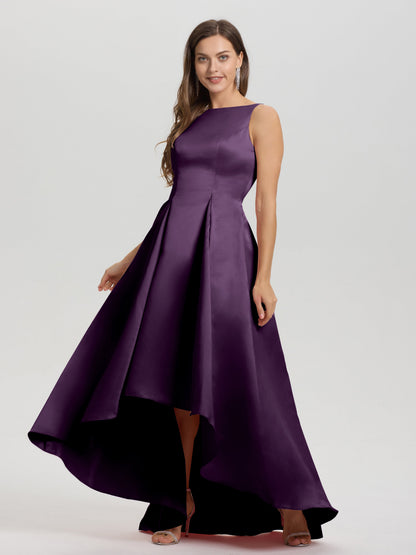 A-Line Sleeveless High Low Satin Bodice V-Back Bridesmaid Dress