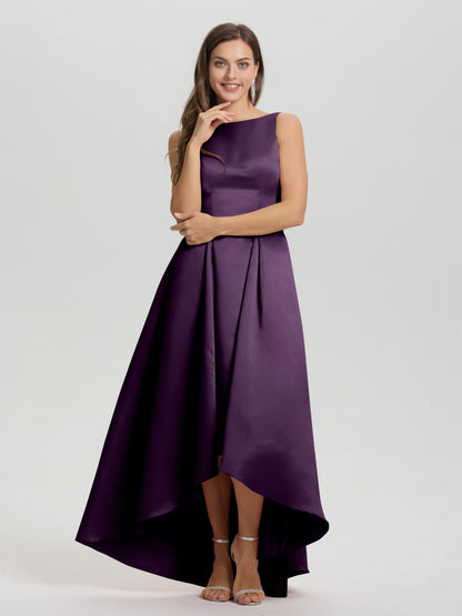 A-Line Sleeveless High Low Satin Bodice V-Back Bridesmaid Dress