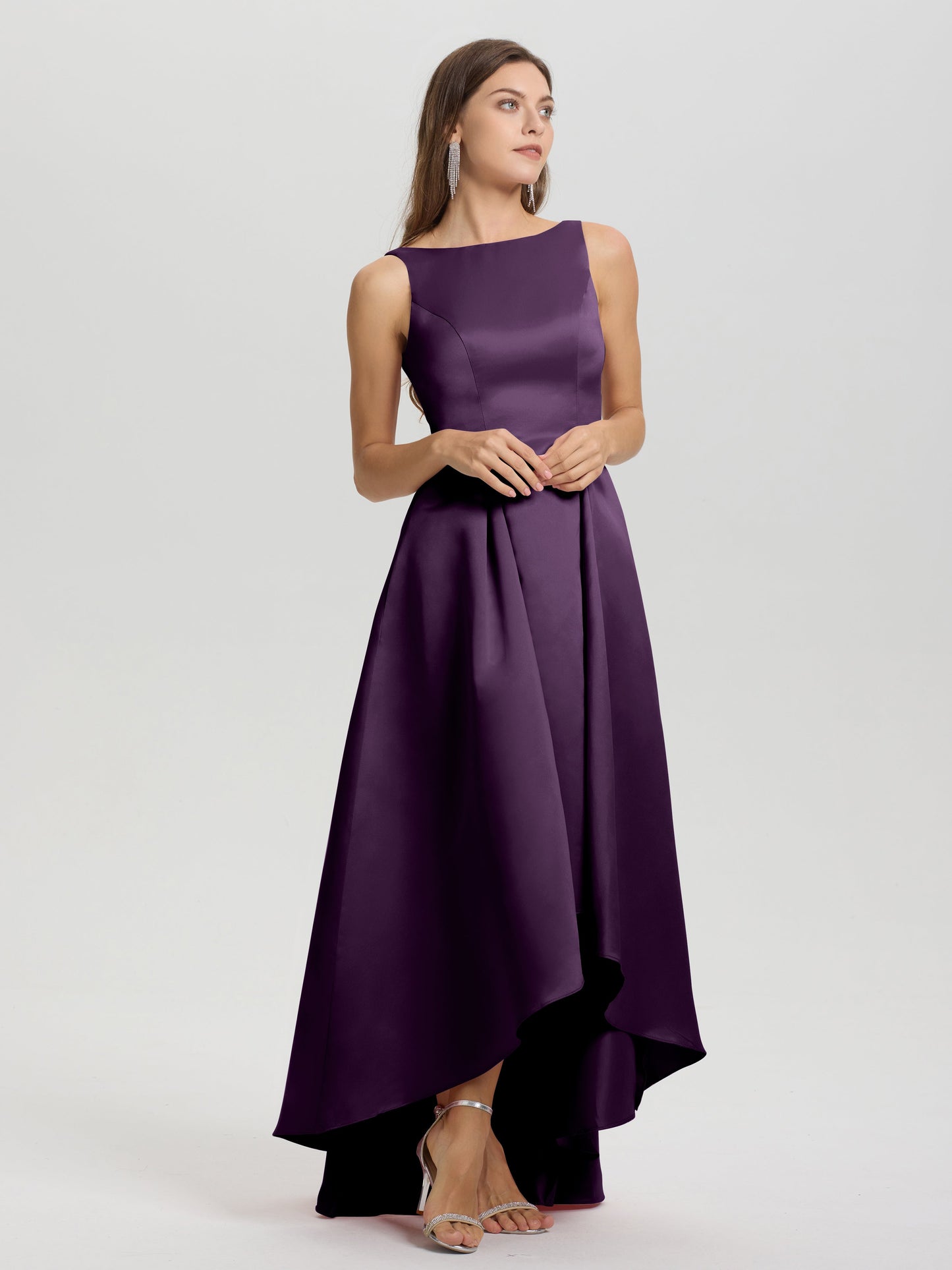A-Line Sleeveless High Low Satin Bodice V-Back Bridesmaid Dress